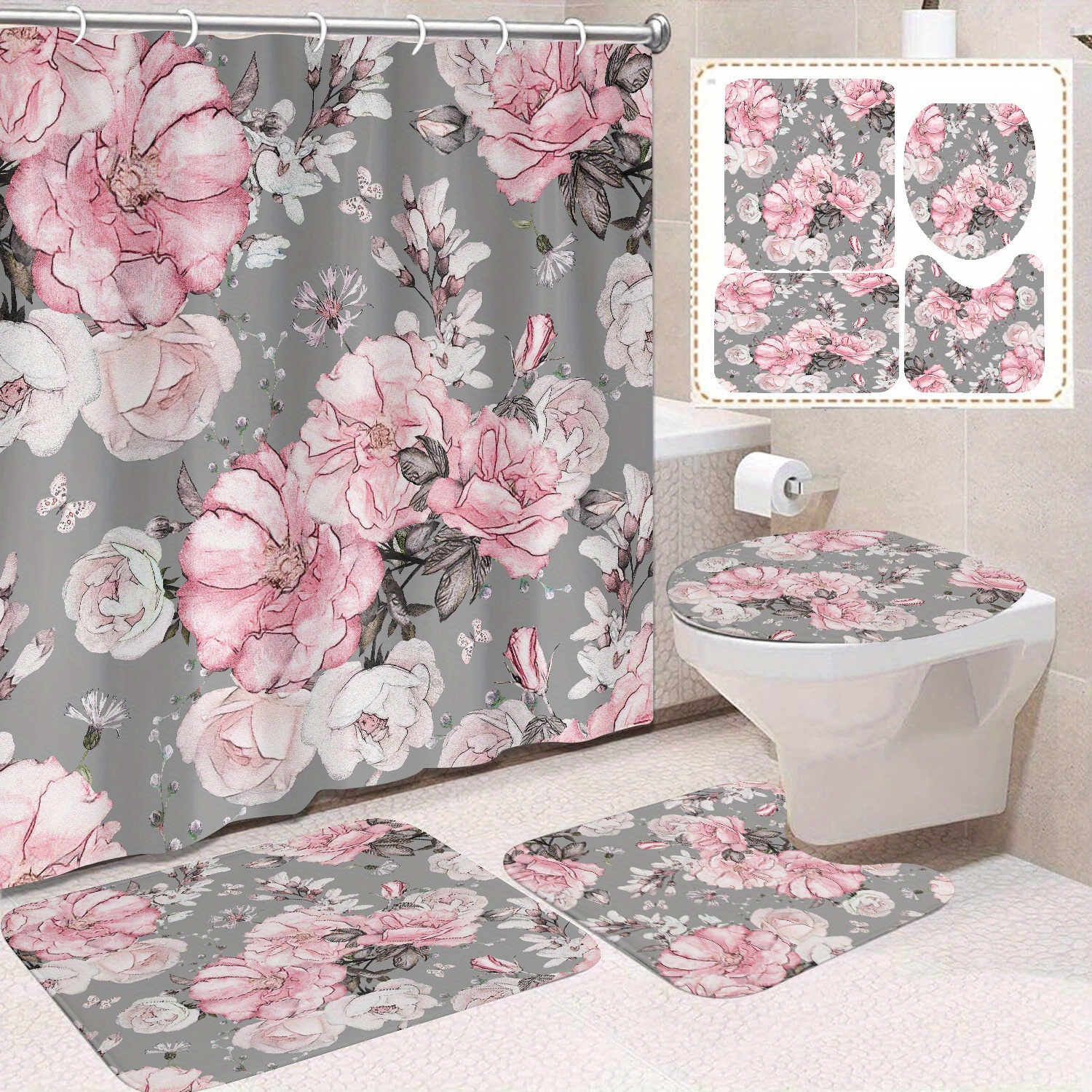 

Chic Pink Floral Waterproof Shower Curtain Set With Non-slip Rug - 1/4pcs Including Hooks & Fabric Corners For Bathroom Decor