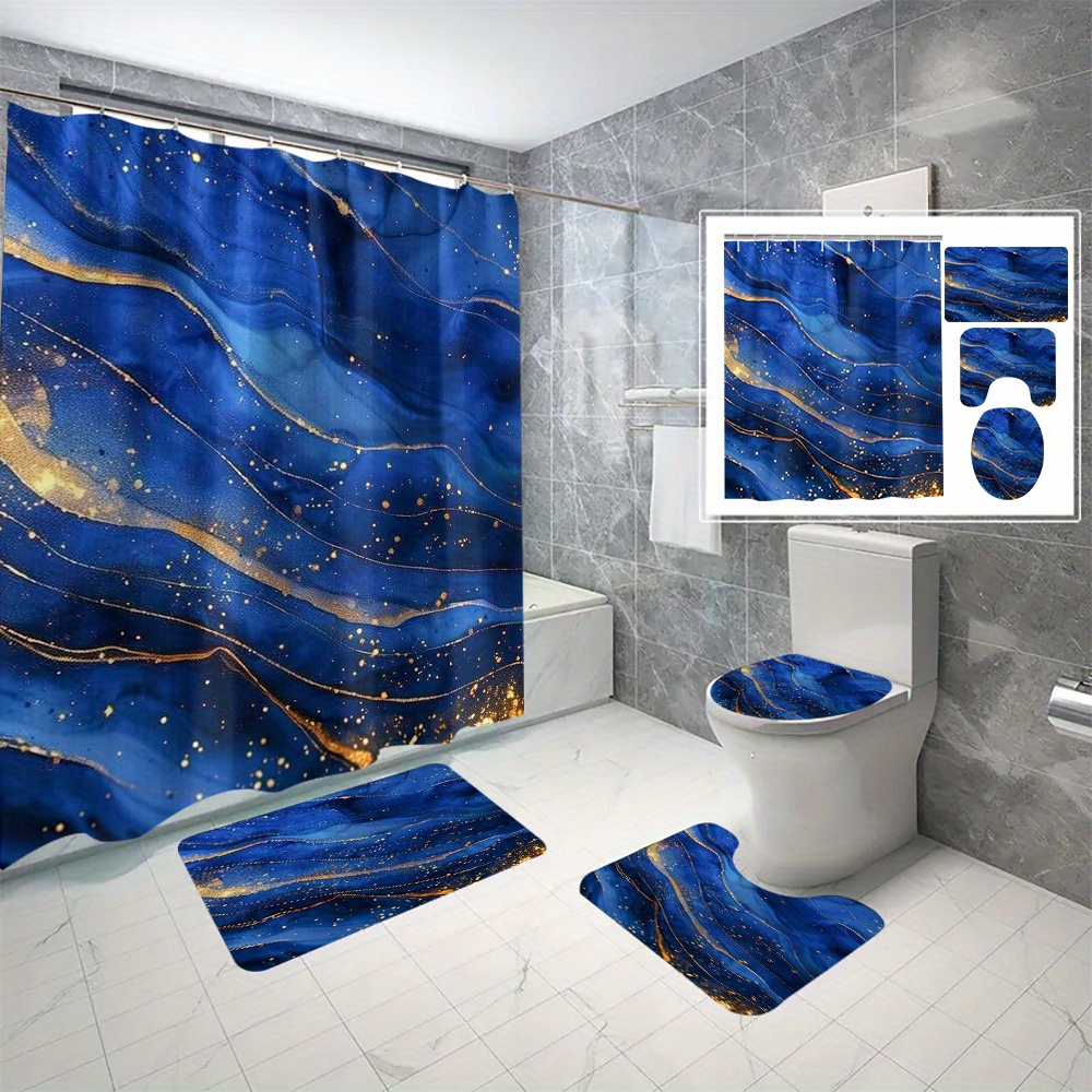 

4-piece Blue And Golden Marbled Shower Curtain Set With C-type Hooks - Waterproof, Machine Washable, And Seasonal