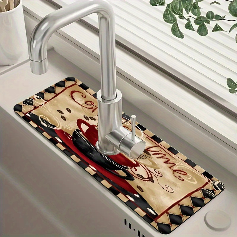 

Vintage Coffee-themed Kitchen Sink Mat: Protective Drying Pad For Kitchen And Bathroom Countertops - Synthetic Material, Durable And Easy To Clean