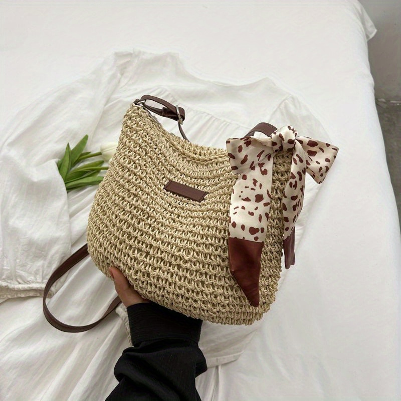 Image of Women's French Bucket Bag - Elegant Beige & Brown , Zip Closure & Wrist Strap - Lightweight Paper Material For Beach, Travel, Everyday Use - Chic Vintage Handbag For Women