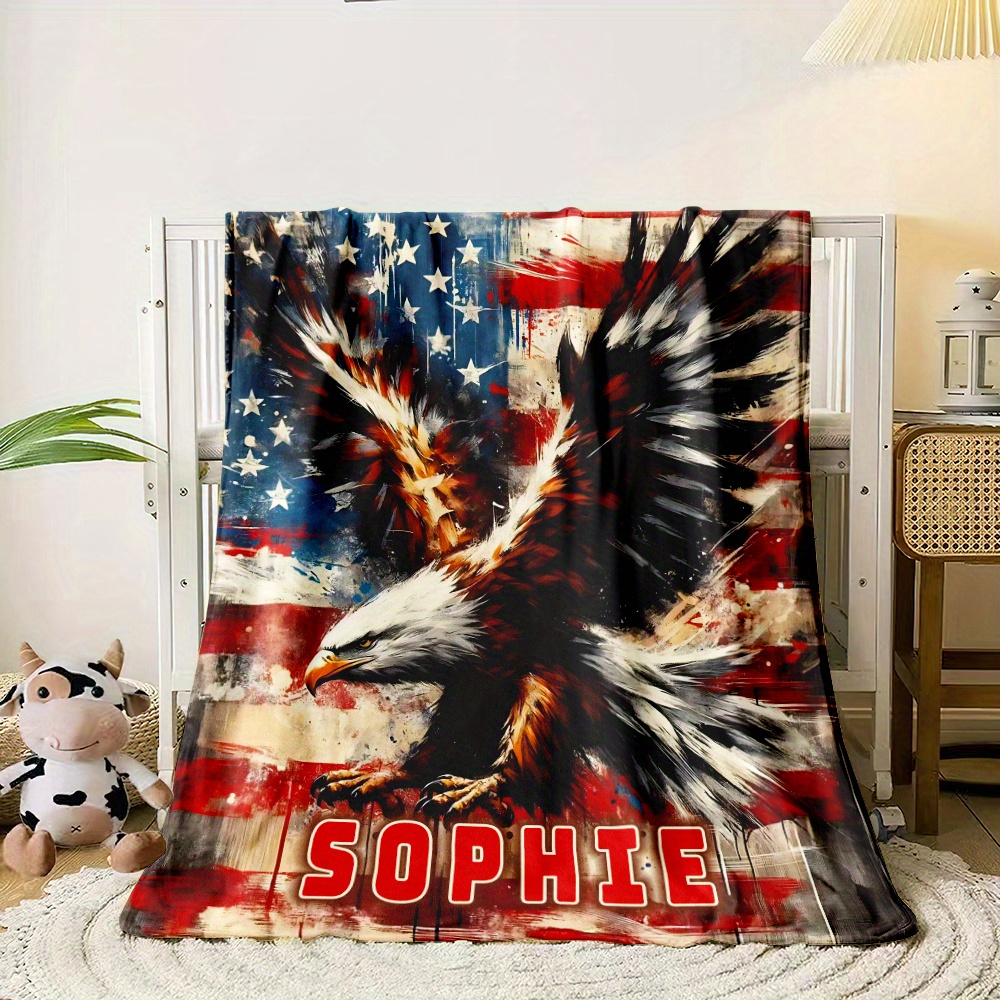 TEMU Eagle Custom Name Flannel Throw Blanket – Personalized Lightweight Polyester Fleece For Sofa, Bed, Travel, Living Room, Office – Tear Resistant, Digital Printed, Style – 1pc