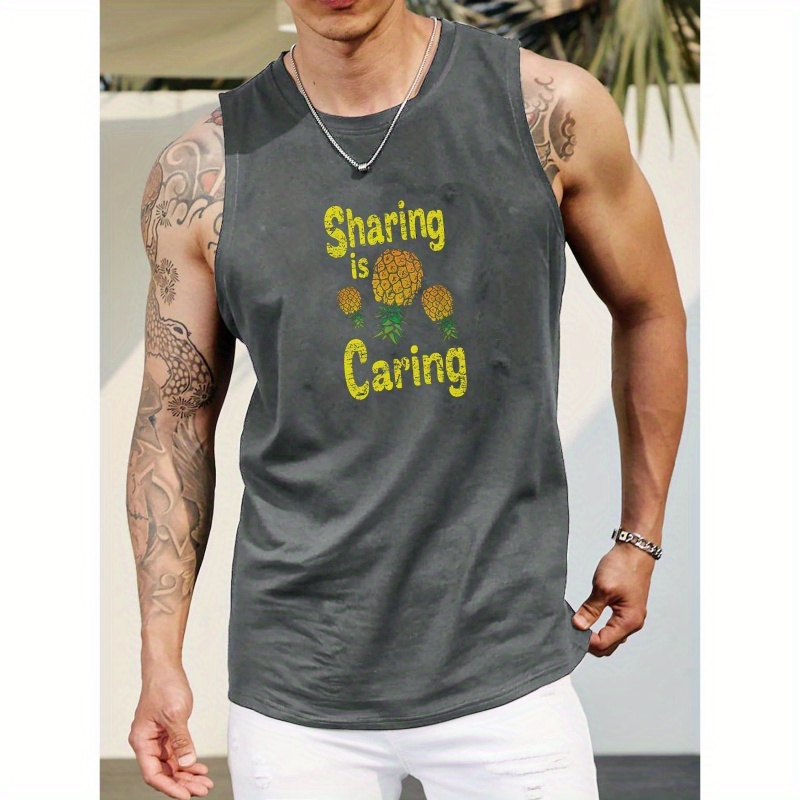 

Plus Size, Sharing Is Caring & Pineapples Print Men's Tank Top, Breathable Comfy Sleeveless For Sports Fitness, Big & Tall