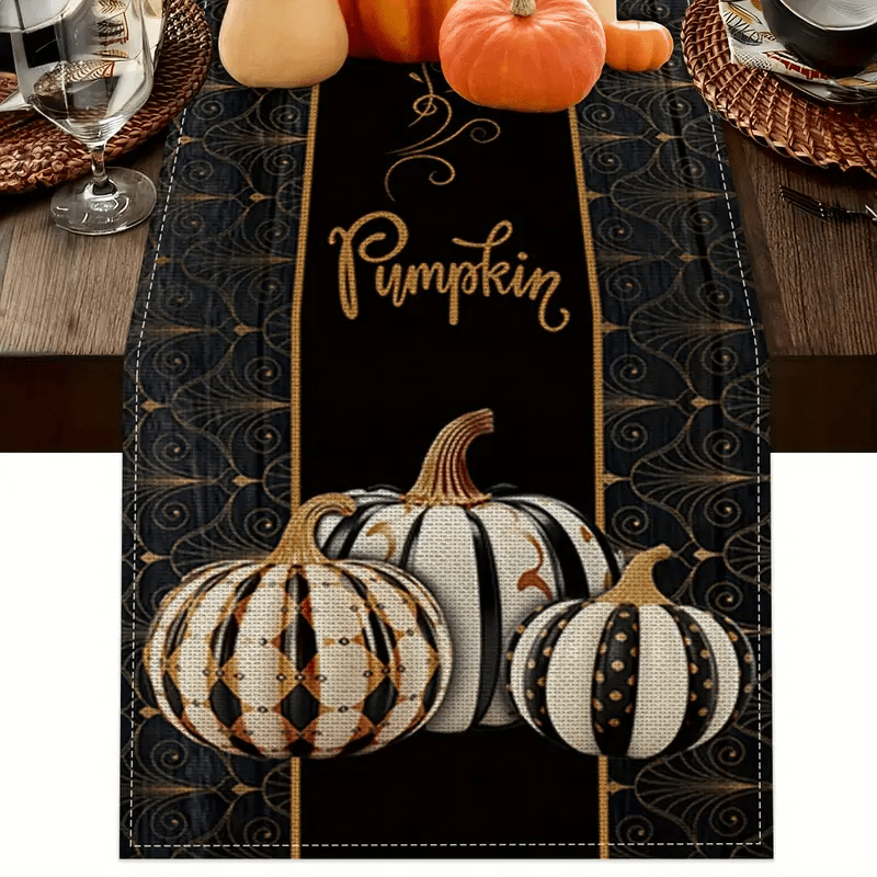 

Autumn Harvest Fashion Pumpkin Art Table Runner - Black & Golden Abstract Design Woven Polyester, Rectangular - 13 X 72 Inches - Ideal For Seasonal Kitchen Decor & Dinner Parties