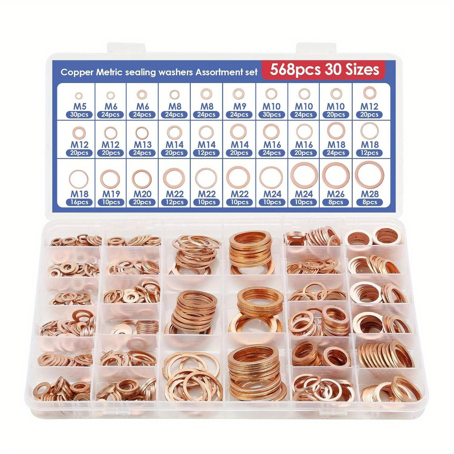 568pcs Copper Rings Sealing Rings Assortment Set Copper Sealing Rings Copper Washers Flat 30 Different Sizes With Storage Box For Screws Fasteners