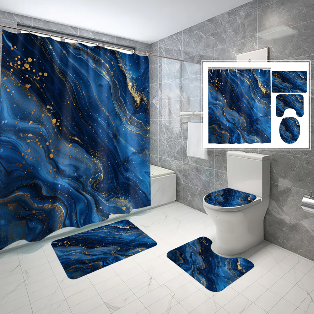 

4pcs Pattern Shower Curtain Set - Polyester , Bath Mat, U-shaped Rug & Lid - Bathroom Decor