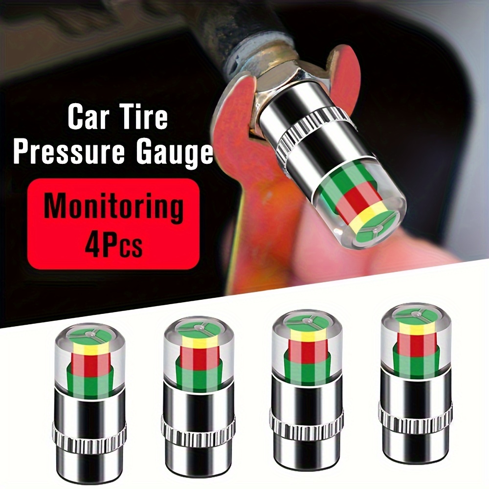 

4-pack Universal Car Tire Pressure Gauge Valve Caps, Plastic Indicator, Real-time Monitoring Tool For Cars & Motorcycles