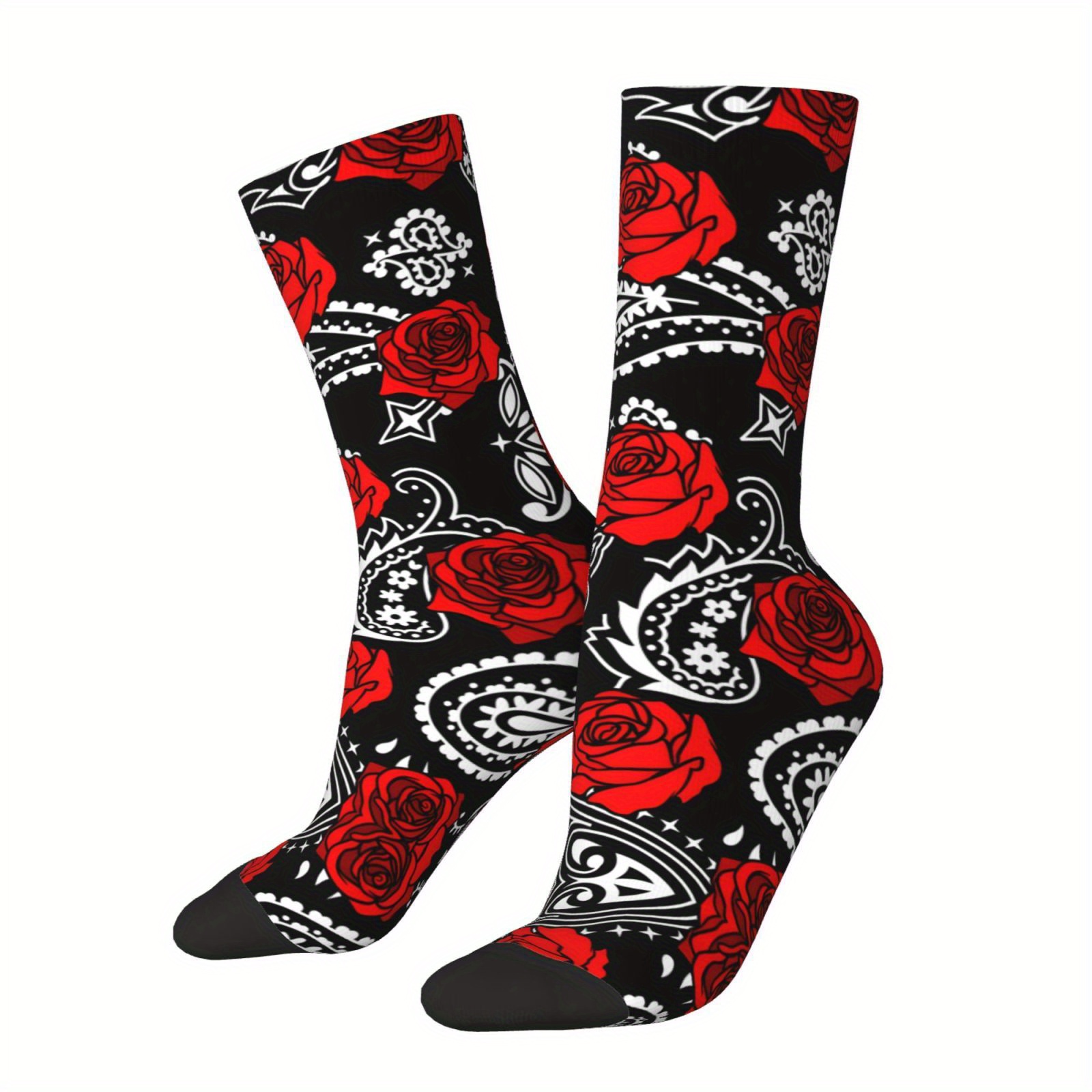 

1 Pair Men's Hip Hop Harajuku Crew Socks With Rose And Bandana Print, Polyester Knit Fabric, 95% Polyester 5% Elastane With Spandex, Hand Washable - Seamless Pattern Casual Gift Socks