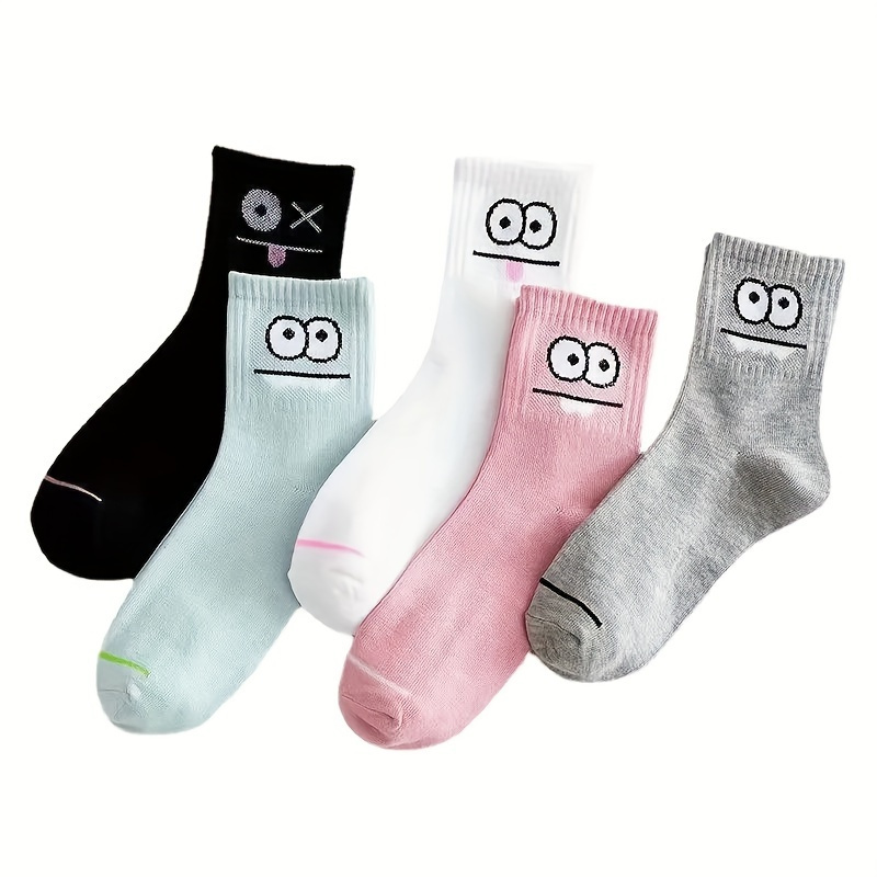 TEMU 5 Pairs Funny Face Print Socks - Ultra-soft And Breathable, Relaxed Fit, Mid-calf Length - Designed For Women, Perfect For Stockings And Hosiery Lovers