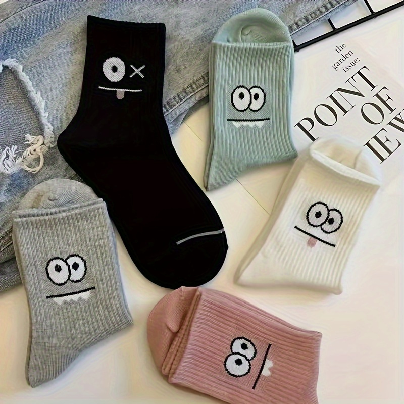 

5 Pairs Funny Face Print Socks - Ultra-soft And Breathable, Relaxed Fit, Mid-calf Length - Designed For Women, Perfect For Stockings And Hosiery Lovers