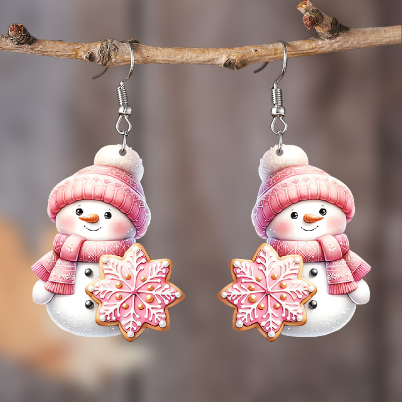 

1 Pair Pink Acrylic Snowman Earrings, Cartoon Christmas Jewelry, Festive Dangle Earrings For Women, Classic Style, Stainless Steel Hooks, Perfect For Parties And Holiday Celebrations