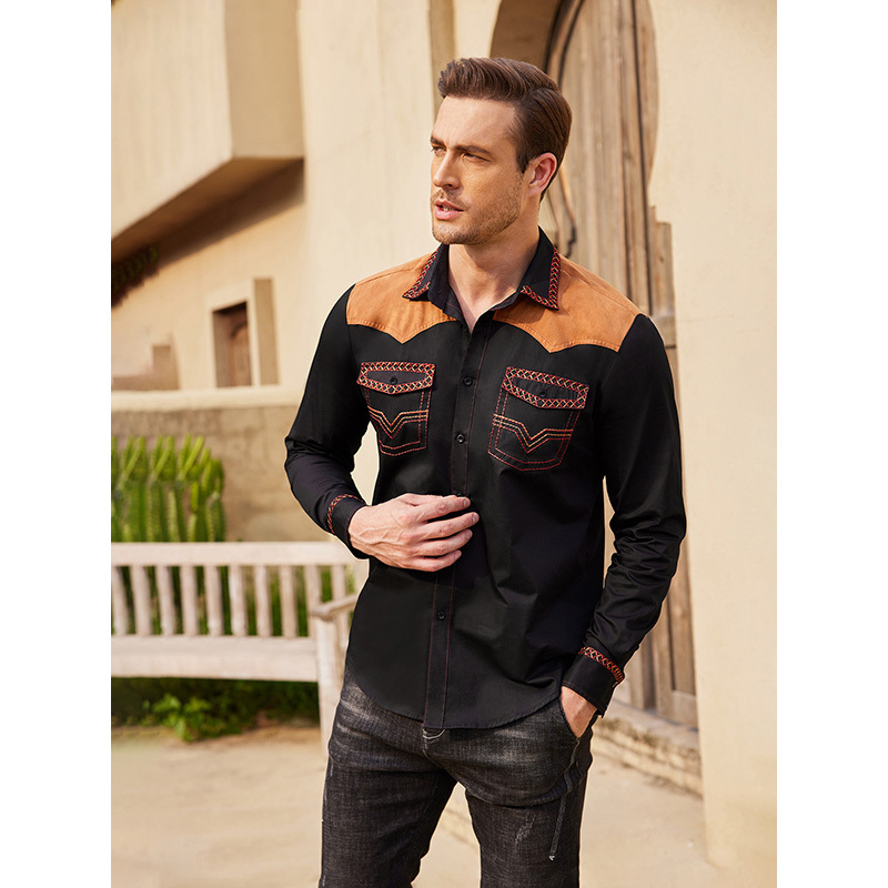 

Men's Western Cowboy Shirt Embroidered Long Sleeve Slim Fit Casual Cotton Button Down Hippie Shirts With Pockets