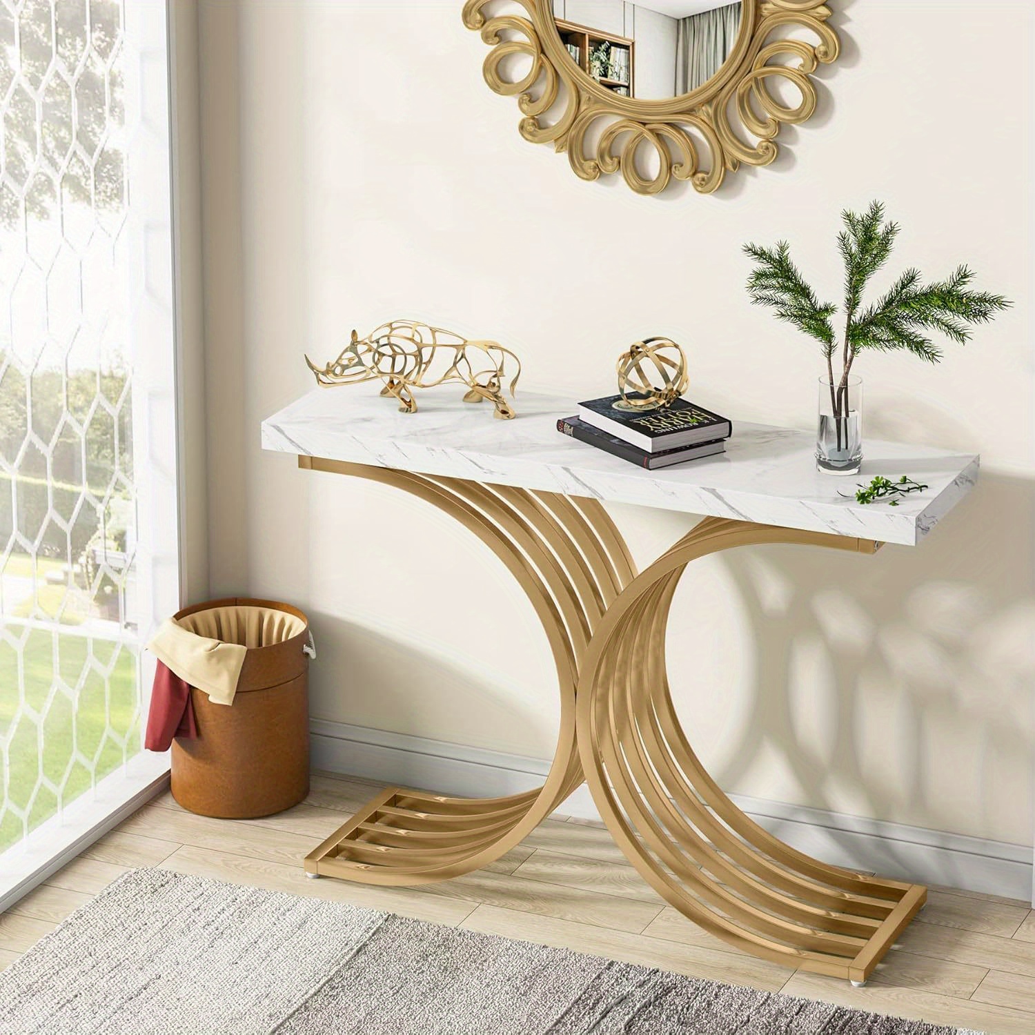 Image of Sofa Table With Golden Metal Base, Console Table, 39-inch Modern Foyer Entry Table, White Artificial Marble Decoration, Suitable For Hallway, Living Room, Entrance
