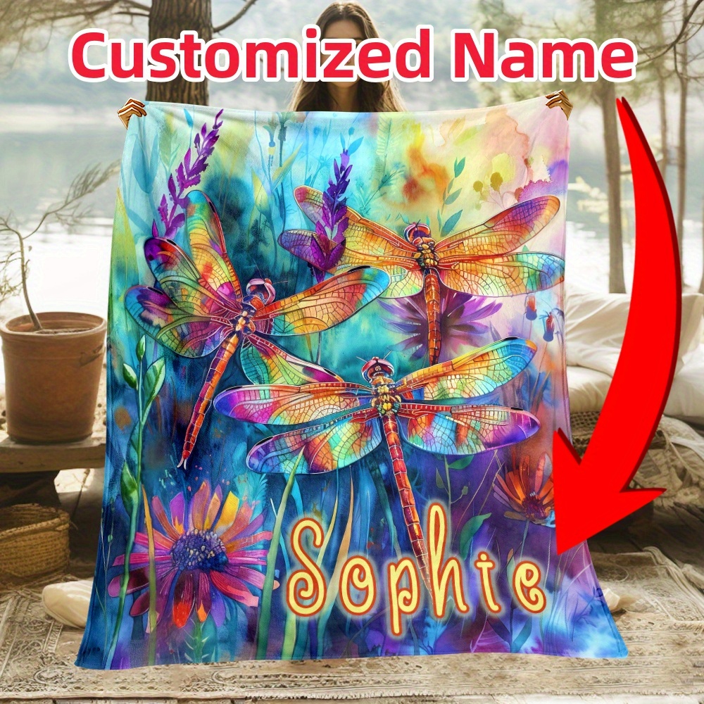 

Customized Name Colorful Dragonfly Flannel Throw Blanket - Soft Warm Polyester Knitted Lightweight Sofa Bed Travel Camping Blanket - Digital Printed Style Fleece Throws