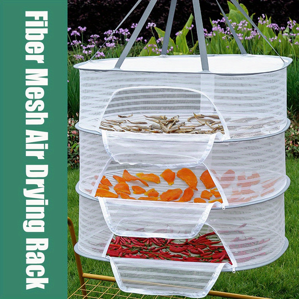 

3-layer Fabric Hanging Drying Rack With Zipper Closure - Foldable Mesh Air Dryer For Fruits, Vegetables, Fish, Buds, And Clothes