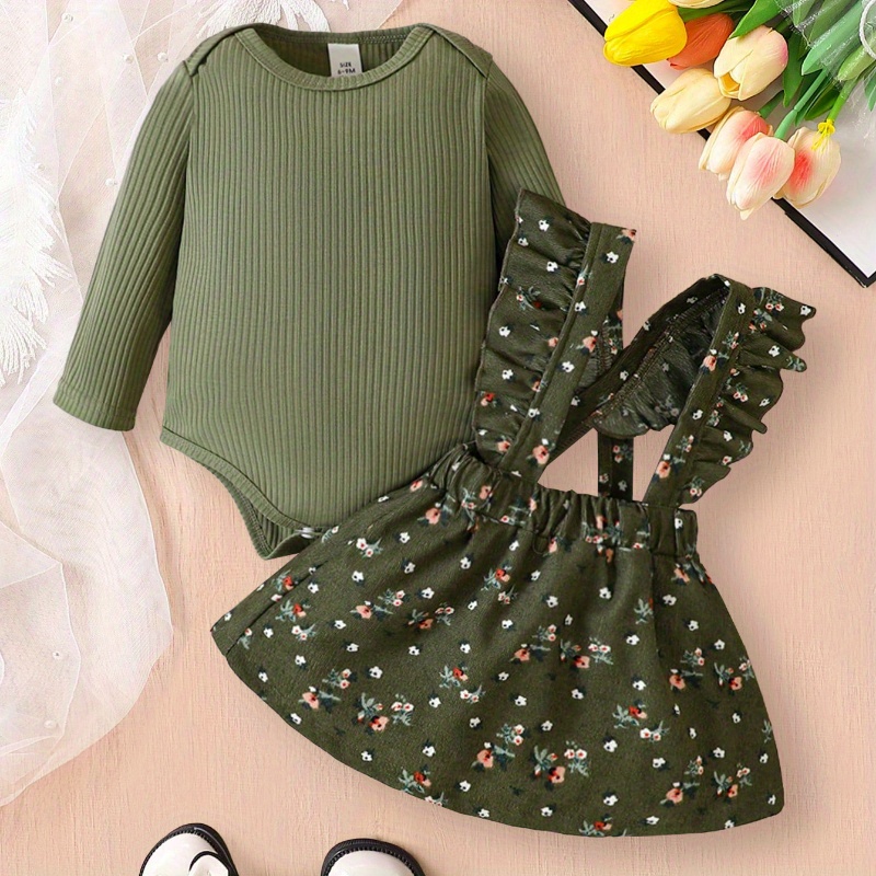 

2pcs Baby's Solid Color Ribbed Bodysuit + Floral Pattern Corduroy Suspender Overall Skirt, Toddler & Infant Girl's Clothing Set