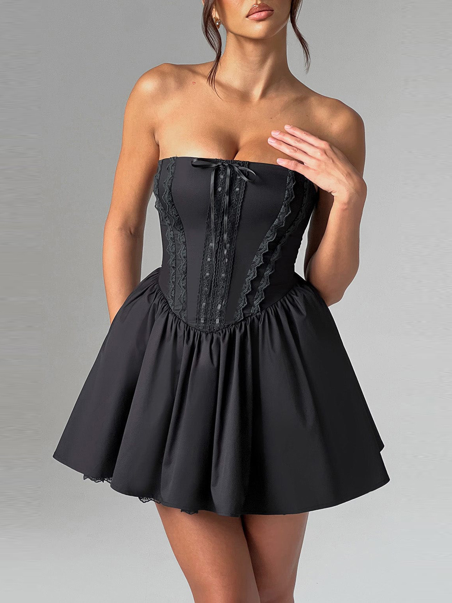 white christmas dresses Black Halter Crisscross Corset Mesh Ruched Mini Dress main image 0