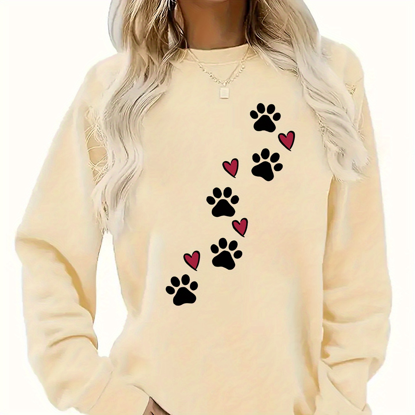 

Women's Casual Long Sleeve T-shirt With Dog Paw And Heart Print, Crew Neck, Soft Polyester Knit Fabric, Slight Stretch, Fashion Top, 250gsm - Pink