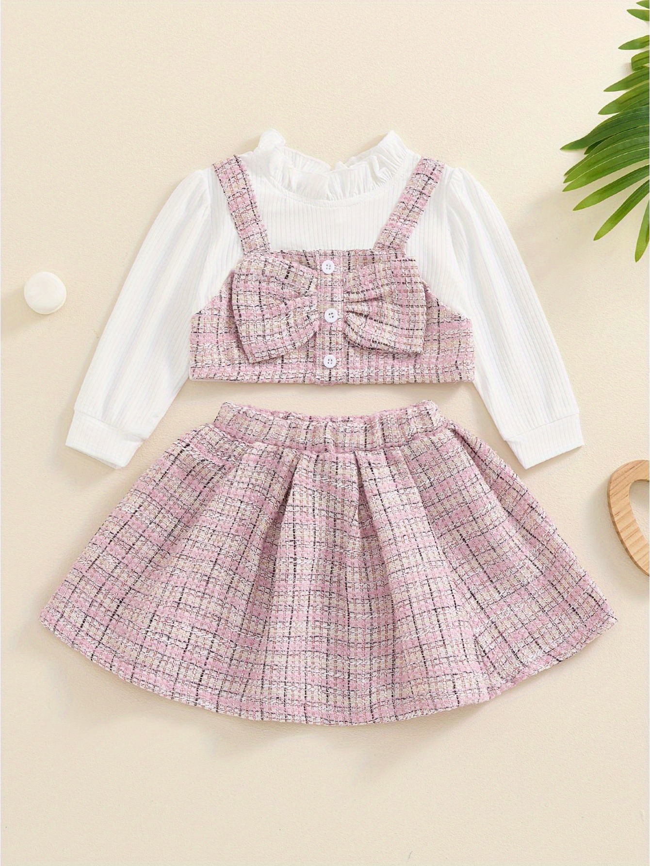 Kids Baby Girls Fall 2pcs Tweed Outfits, Plaid Long Sleeve  Two-Piece Crop Elastic Waist Skirt Toddler Clothes Set, for Outdoor