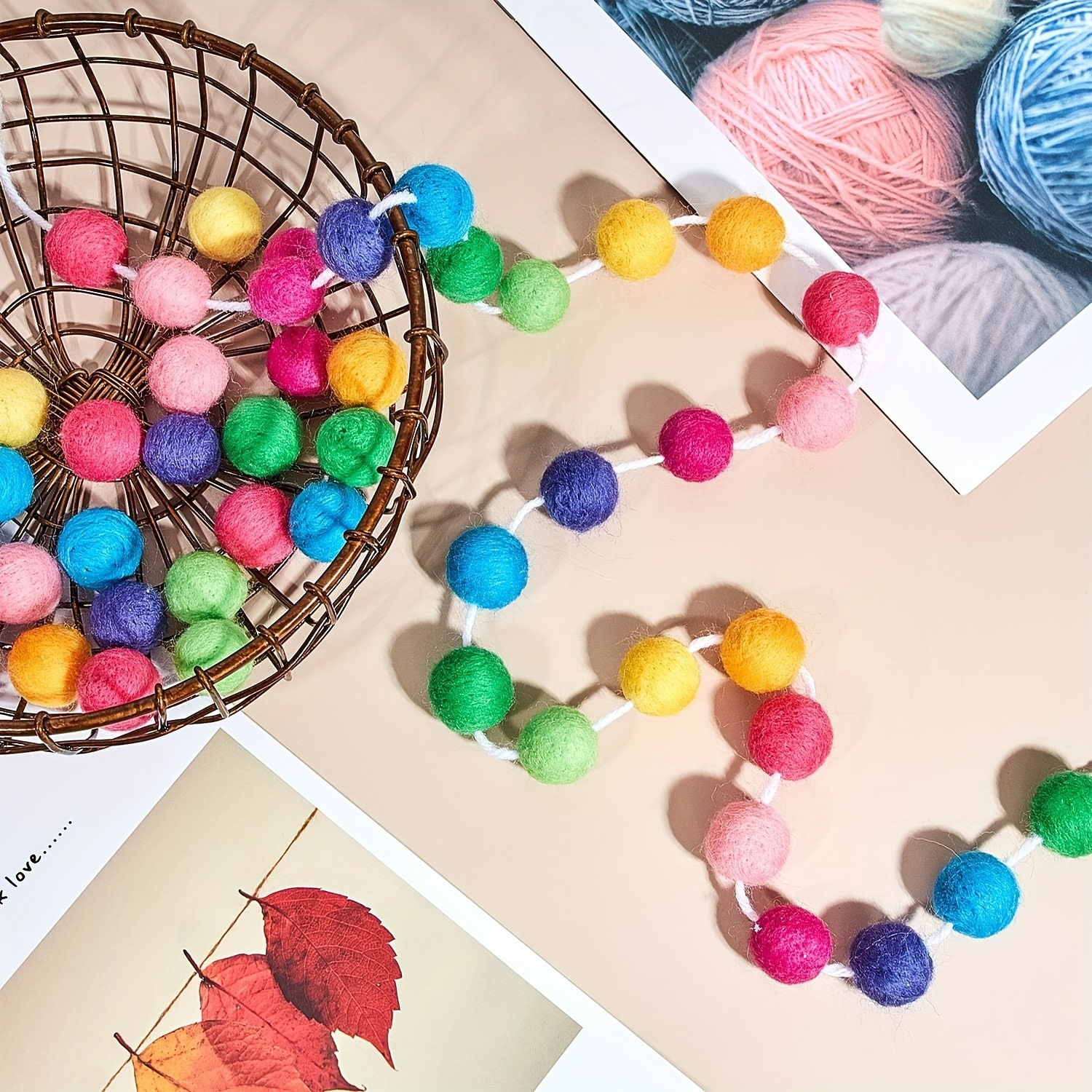 Image of 1pc, Rainbow Felt Ball Garland Colorful Pom Pom Garland Handmade 20 Balls Felt Ball Garlands For Wall Christmas Tree Decoration