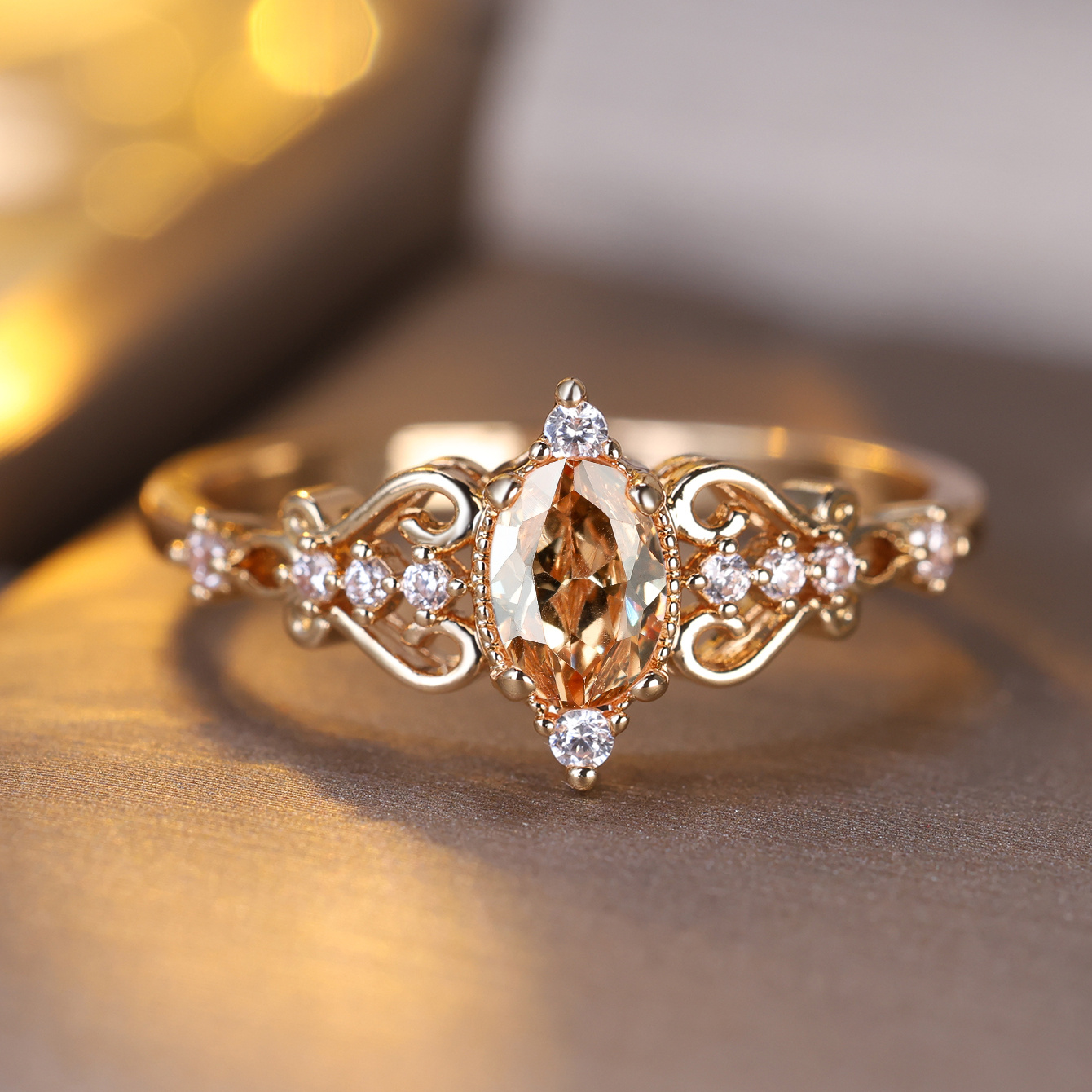 

Elegant Vintagegoldenring With A Smoky Yellow Oval Center Stone And Accent - Perfect For Engagement Or Special Occasions