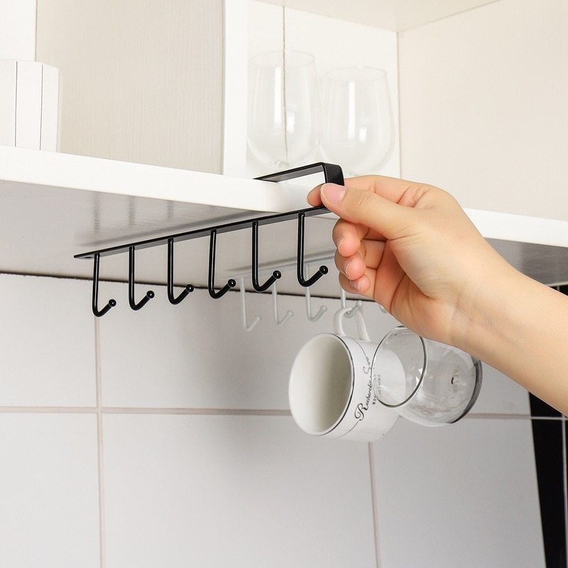 6 hook iron mug rack under cabinet space saving coffee cup holder multifunctional kitchen utensil storage organizer hanger sturdy   shelf hooks details 3