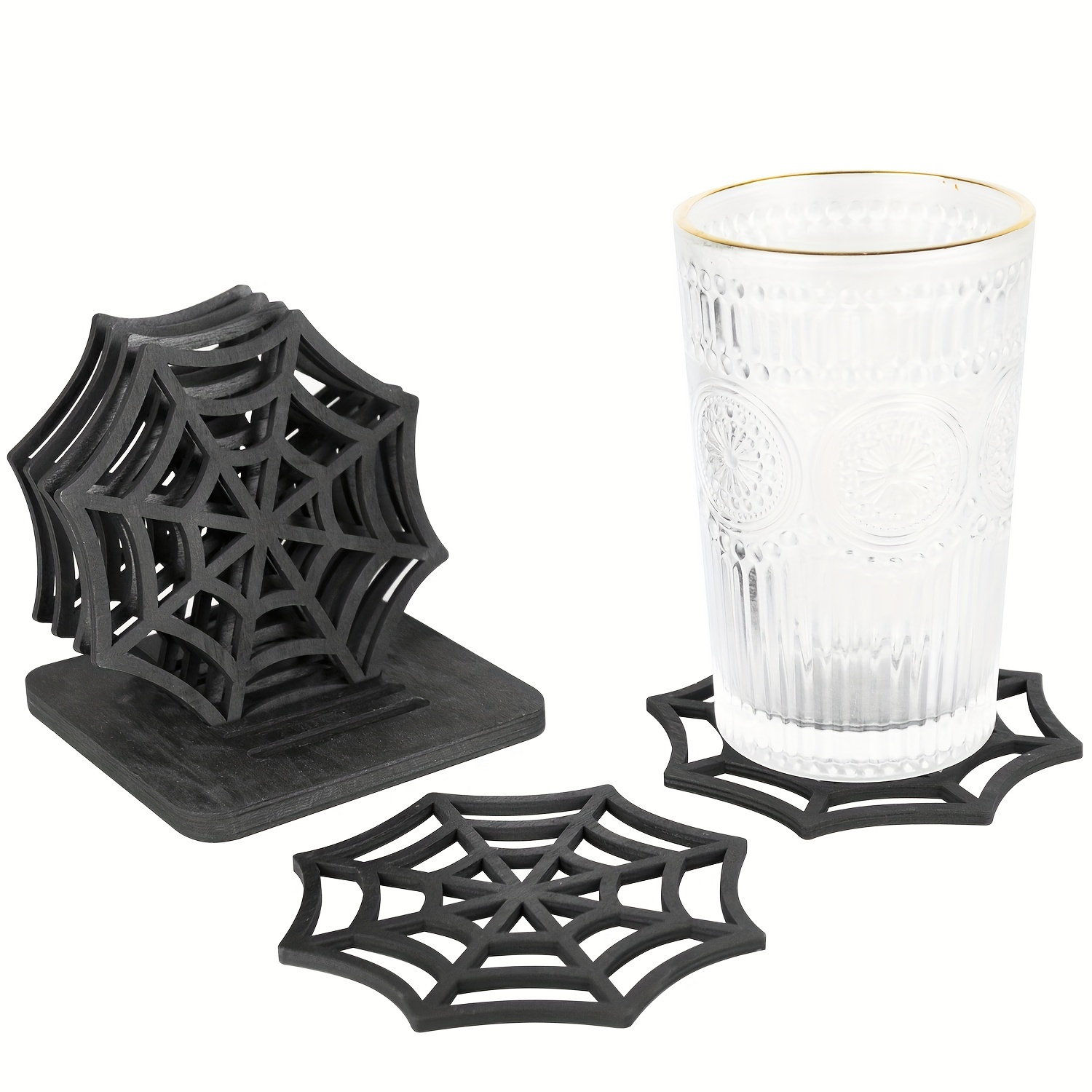 

7pcs/ Set, Spider Wed Coasters, Wooden Cup Coasters, Heat Insulated Drink Coaster, Cup Mat, Home Decor, Room Decor, Drinkware Accessories, Halloween Gifts