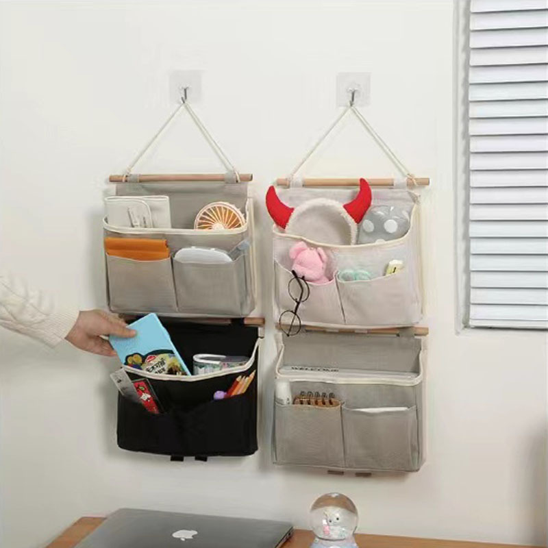 1pc wall hanging storage organizer multi pocket hanging   waterproof linen fabric with wooden dowel for living room bedroom bathroom versatile wall mount hanging shelf details 1