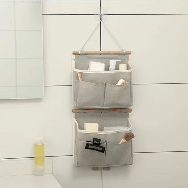 1pc wall hanging storage organizer multi pocket hanging   waterproof linen fabric with wooden dowel for living room bedroom bathroom versatile wall mount hanging shelf details 2