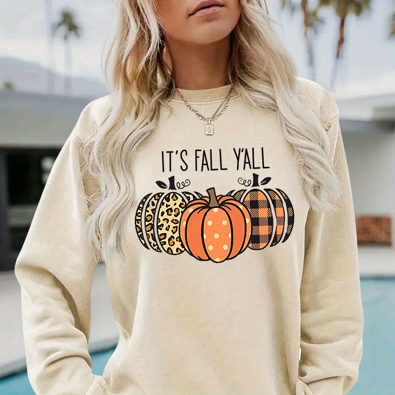 

Pumpkin Letter Print Sweatshirt, Crew Neck Casual Sweatshirt For Fall & Spring, Women's Clothing