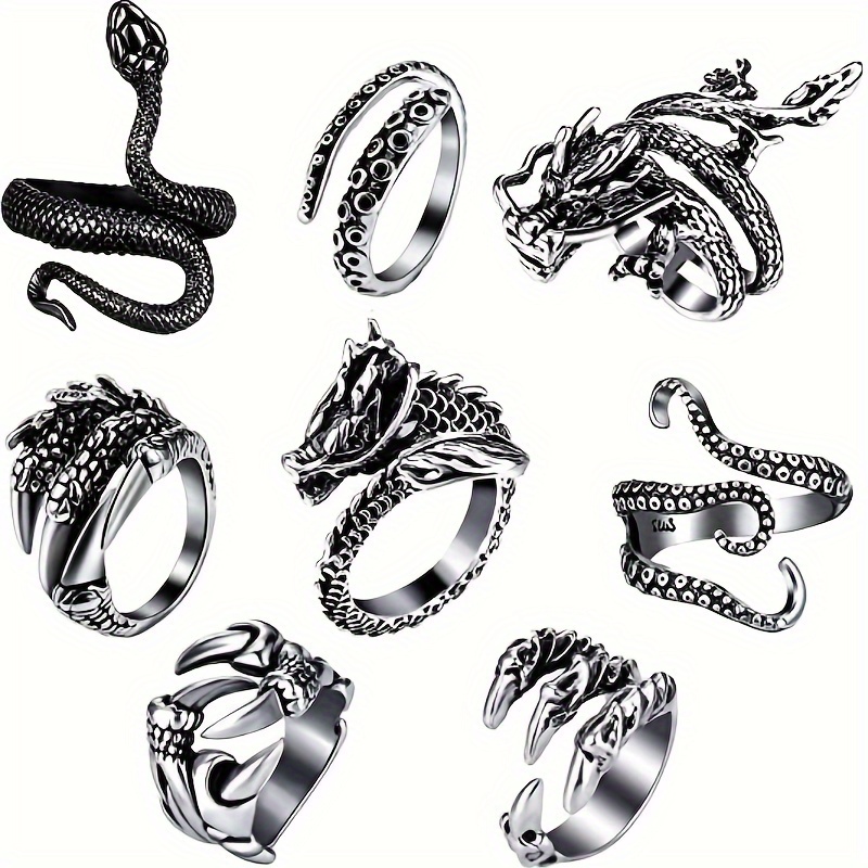 

Adjustable Stainless Steel 8pc Ring Set - Dragon & Snake Zircon-inlaid, Retro Casual