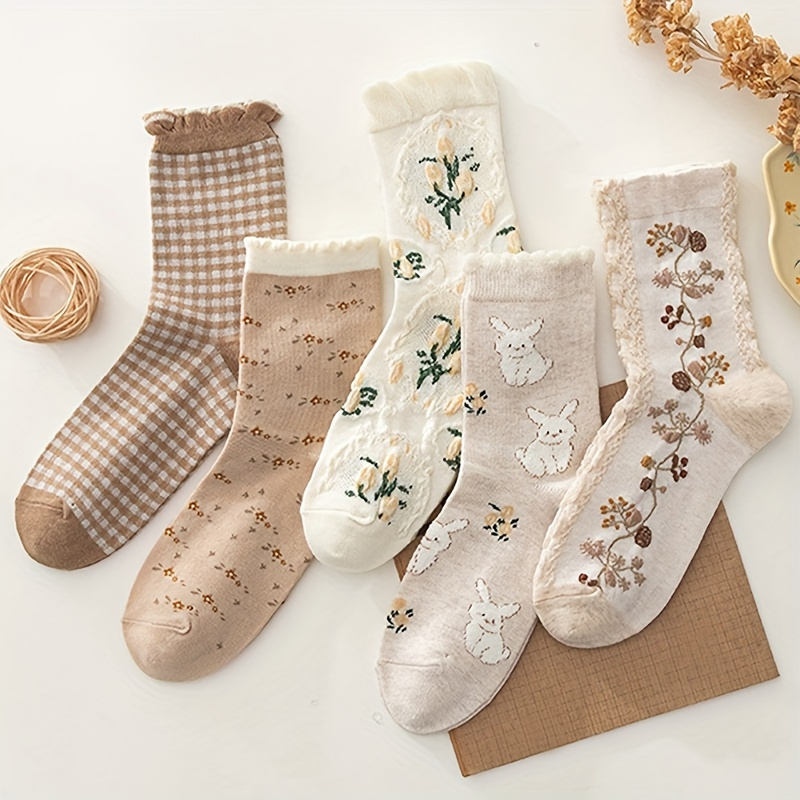 

Vintage : Set Of 5 Floral Patterned Socks For Women - Long-, Comfortable, Fashionable