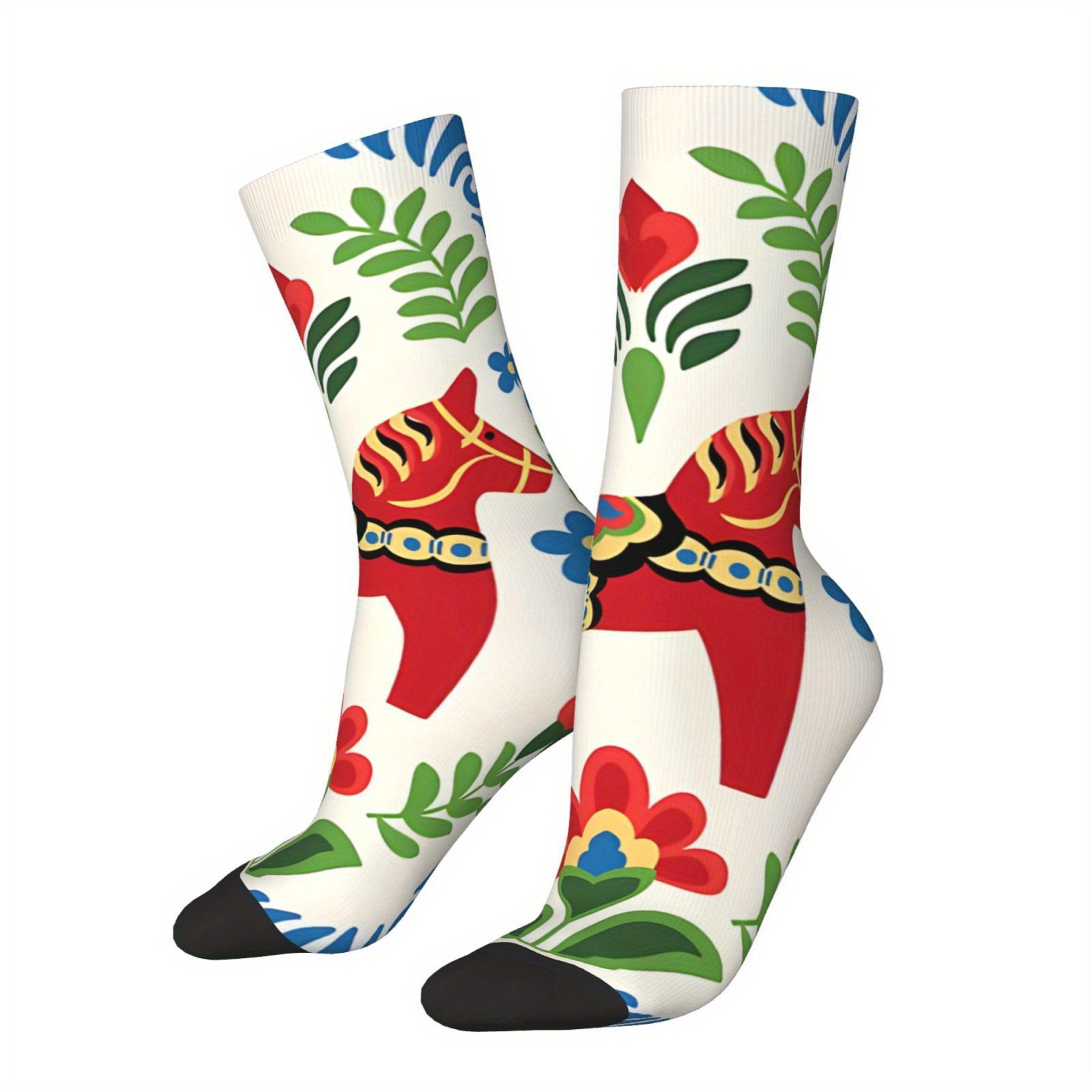 

Festive Hip Hop Vintage Swedish Dala Horses Red Crazy Men's Compression Socks - Unisex Harajuku Pattern Printed Funny Novelty Happy Crew Sock - Boys Gift