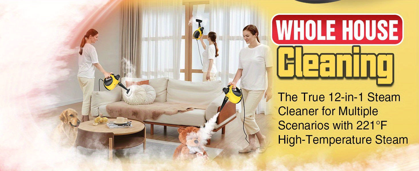 Handheld Steam Cleaner For Home With 12 Accessory Kit, Multipurpose Portable Upholstery Steamer Cleaning With Safety Lock To Remove Grease, Grime, And More