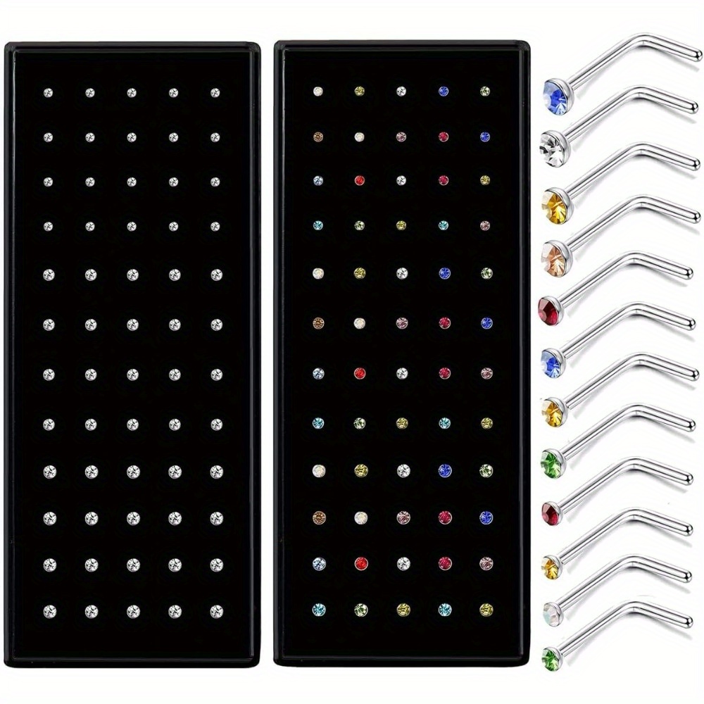 

120 Pcs Stainless Steel L Nose Piercing Studs With Synthetic Cubic Zirconia, Women' Body Jewelry, No Plating, For Parties, Banquets, Wear,