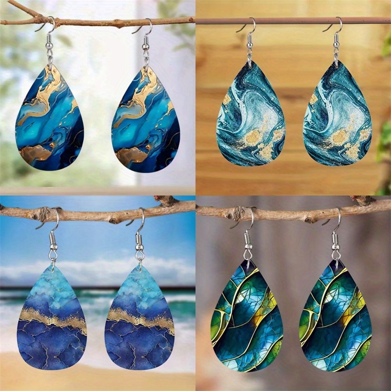 TEMU 4 Pairs Of Blue And Patterned Wooden Earrings, Double-sided Printed Lightweight Shaped Earrings For Women, Suitable For Vacation And Daily Wear, , Women's Jewelry