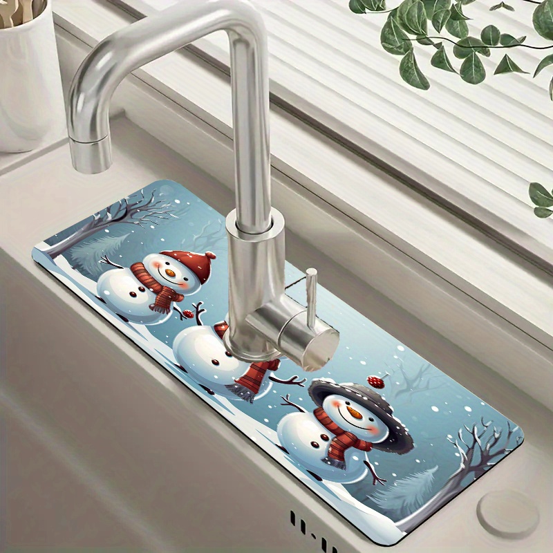 

1pc Christmas Snowman Faucet Drying Mat, Kitchen Sink Drain Pad, Moisture-proof Non-slip, Multipurpose Countertop Protector, Bathroom Accessory, Polyester Material