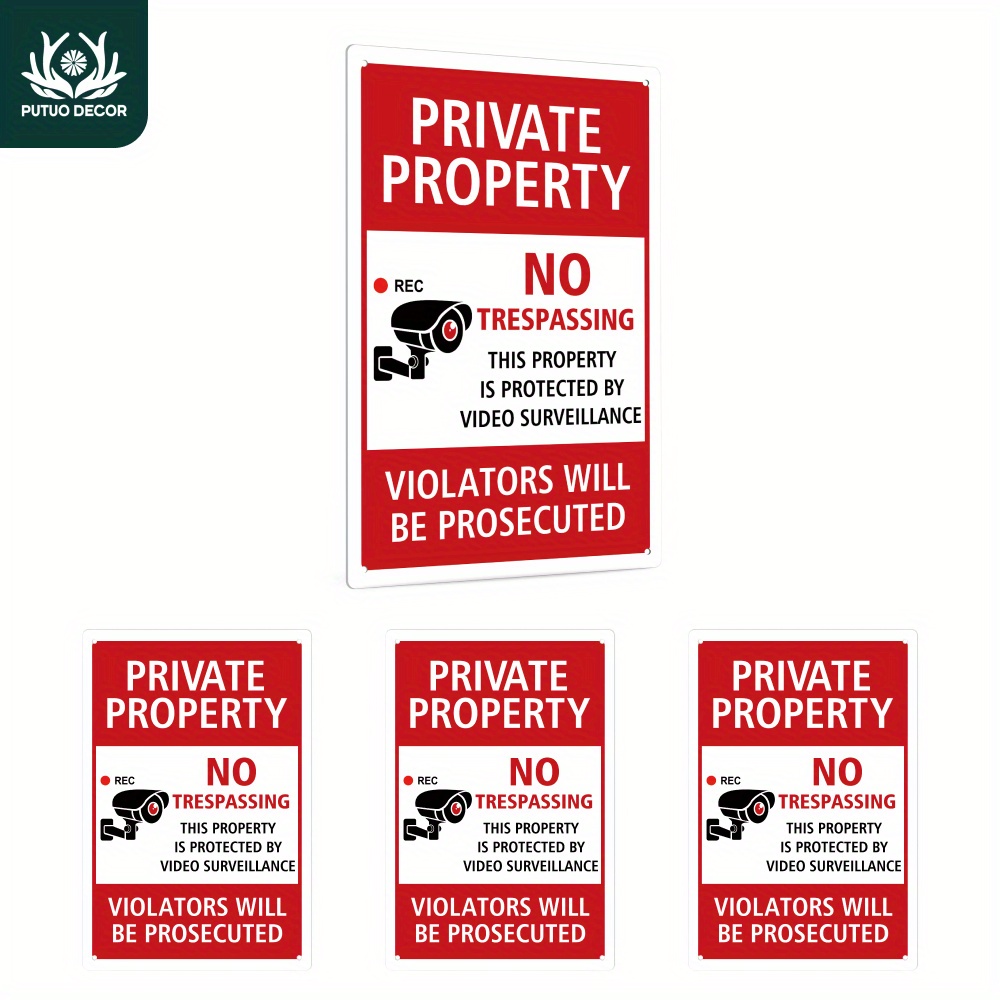 

Putuo Decor Set Of 4 Metal Private Property No Trespassing Signs - Multipurpose Wall Hanging Decor With English Text, Video Surveillance Warning, Ideal For Home, Farmhouse, Gate, Outdoor Use