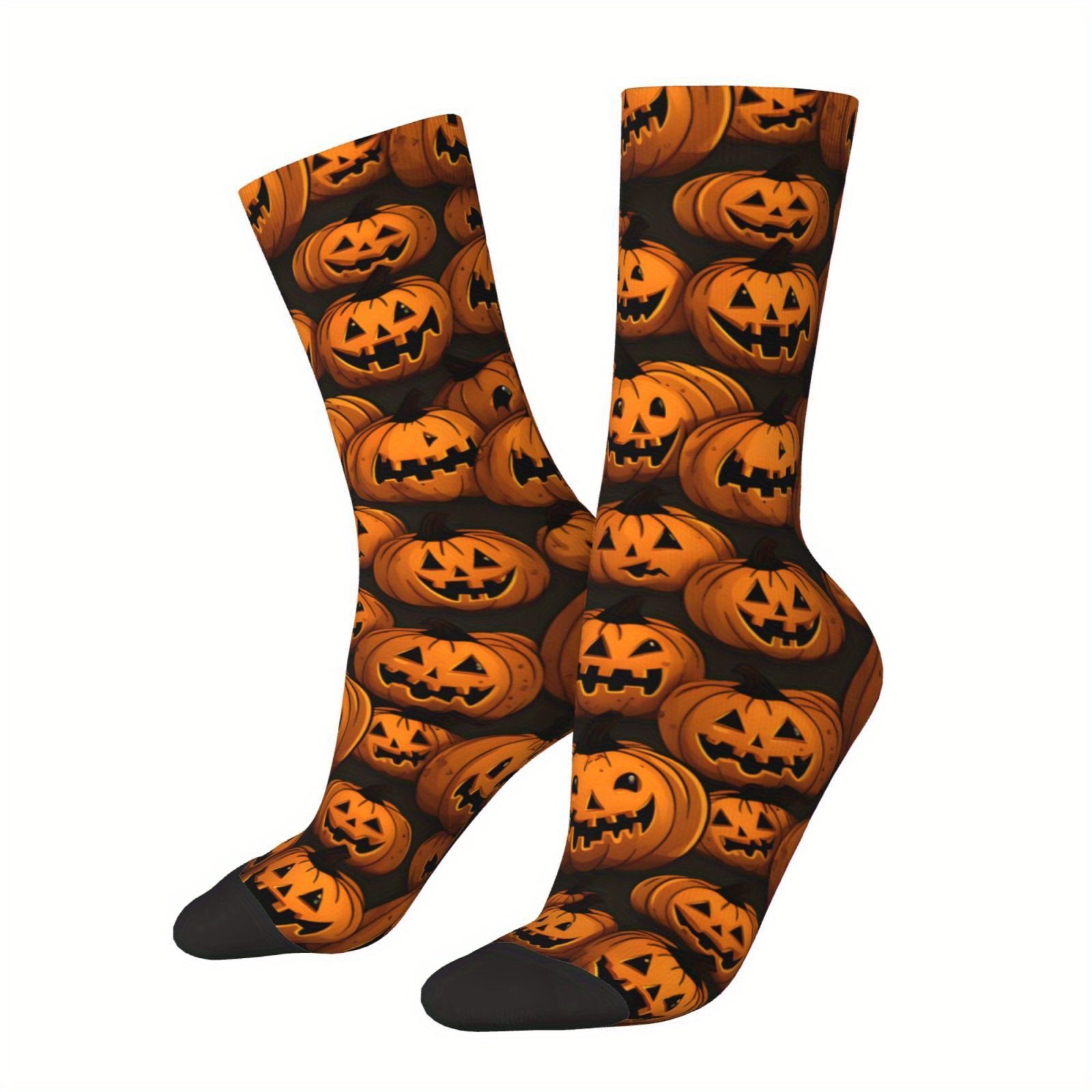 TEMU Halloween Jack-o-lantern Pumpkin Socks - 1 Pair Unisex Knit Polyester Spandex - 95% Polyester, 5% Elastane - Hand Washable -inspired Novelty Socks For Men And Women