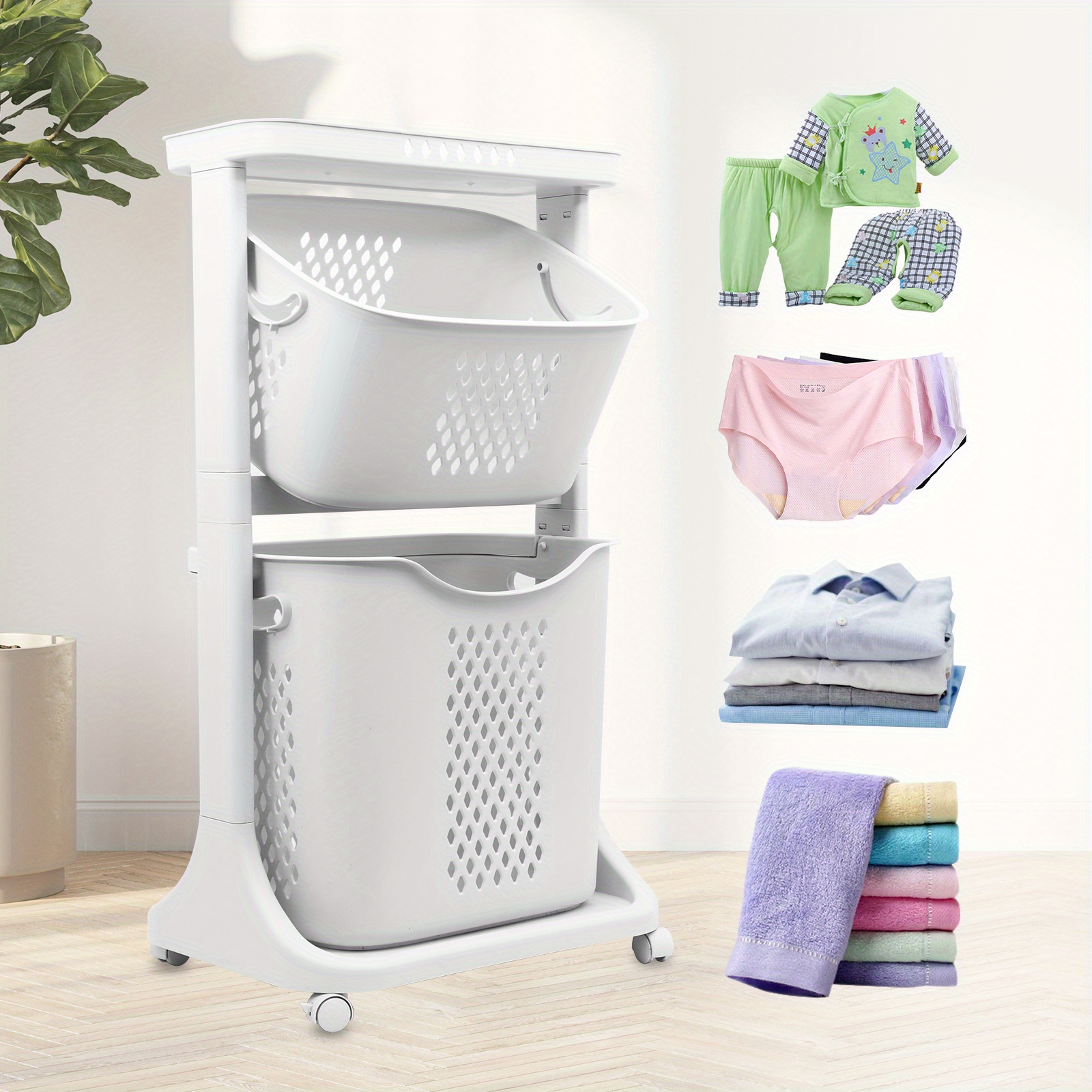 

2-tier Rolling Laundry Basket Cart Removable Storage Buckets Plastic Hamper With 4 Wheels White