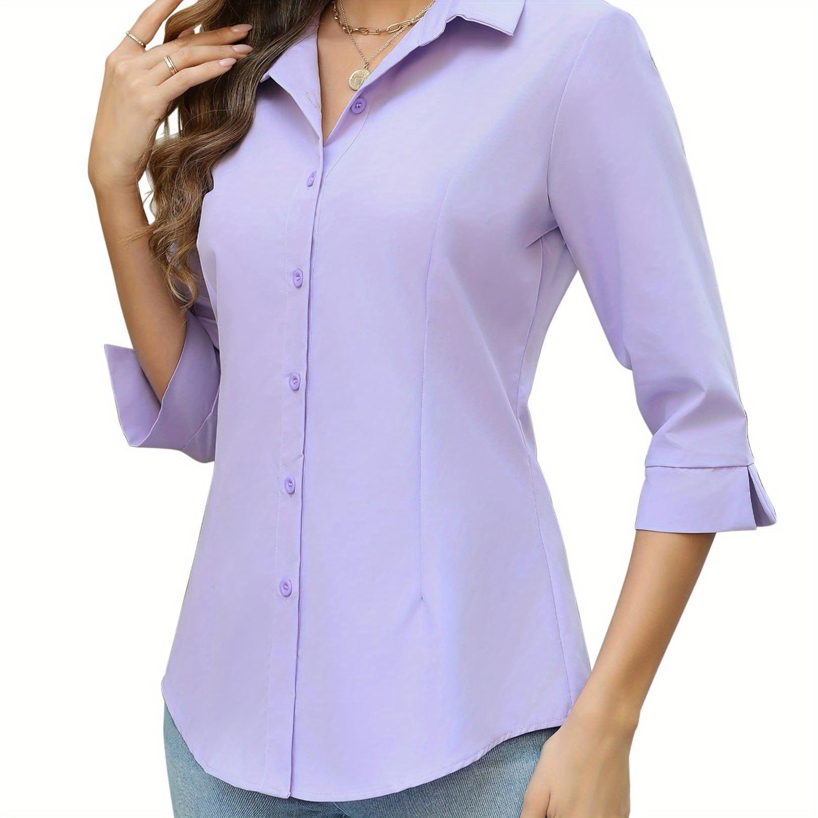 

Women's Slim Fit 3/4 Sleeve Button Shirt - Classic V-neck Business Casual Top In Light Purple, Polyester, Machine Washable, Summer Work Blouse