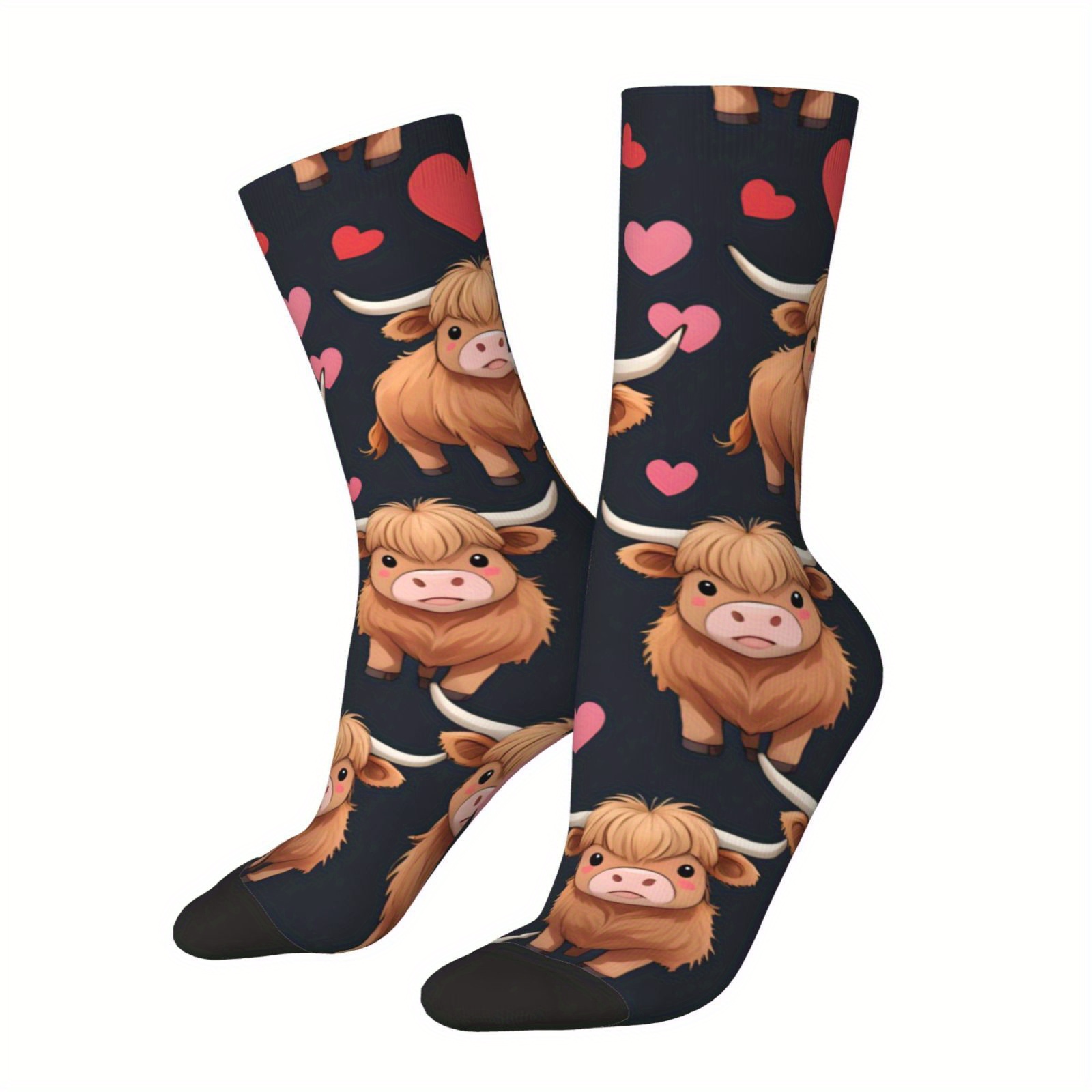 

Highland Cow And Hearts Men's Compression Crew Socks - Novelty Animal Print, Polyester & Elastane Blend, Knit Fabric, Hand Washable - 1 Pair