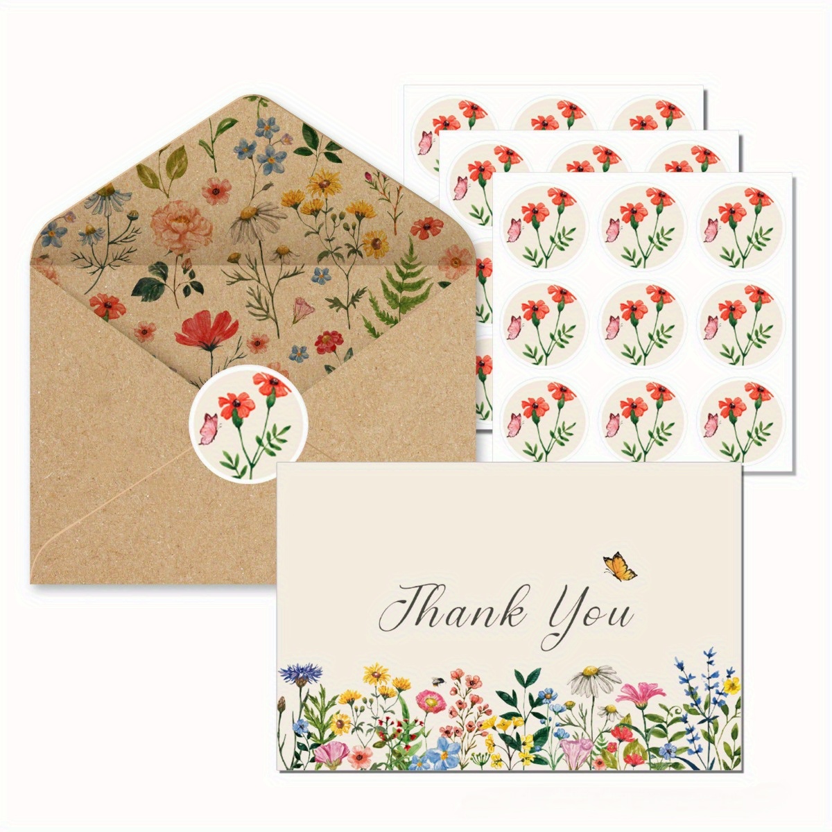 

30 Pcs Thank You Cards With Envelopes And Stickers: Beautiful Flower Card Set For Festive Gifts(6 Card+6 Envelopes+18 Stickers) - Suitable For Dance, Farewell, And Congratulations Occasions