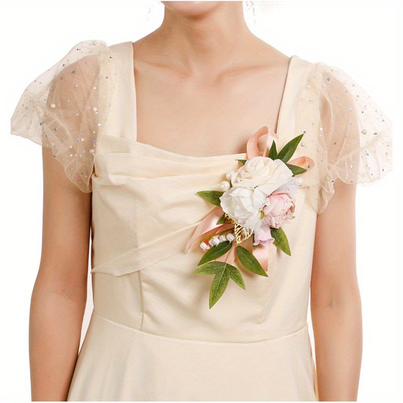 elegant floral shoulder corsage for women   rose and greenery bouquet pin for wedding and special occasions details 1