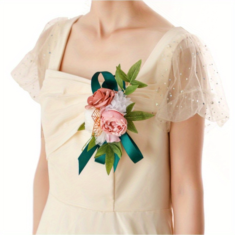 elegant floral shoulder corsage for women   rose and greenery bouquet pin for wedding and special occasions details 4