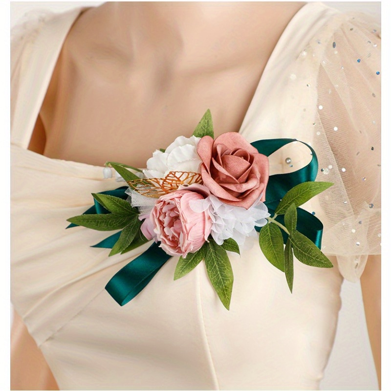 elegant floral shoulder corsage for women   rose and greenery bouquet pin for wedding and special occasions details 5