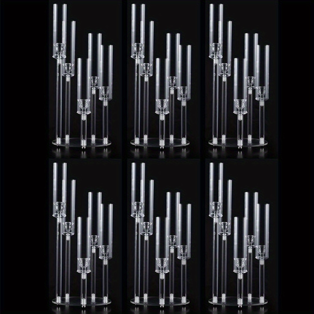 TEMU 6pcs Acrylic Candelabra Centerpiece, 5 Arm Clear Candlestick Holders With Removable Lampshade For Party, Table, Wedding, Halloween, Christmas, Fireplace, Home Decoration