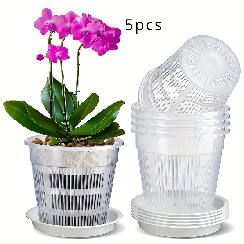 

5pcs Clear Plastic Orchid Pots With Holes, Round Airflow Mesh Orchid Containers With Saucers For Indoor Outdoor Gardening