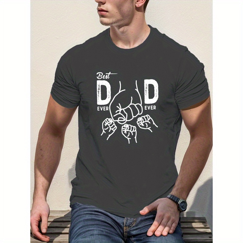 

Best Dad Ever" Men's Casual Short Sleeve T-shirt - Breathable Polyester, Geometric Print, Round Neck - Summer