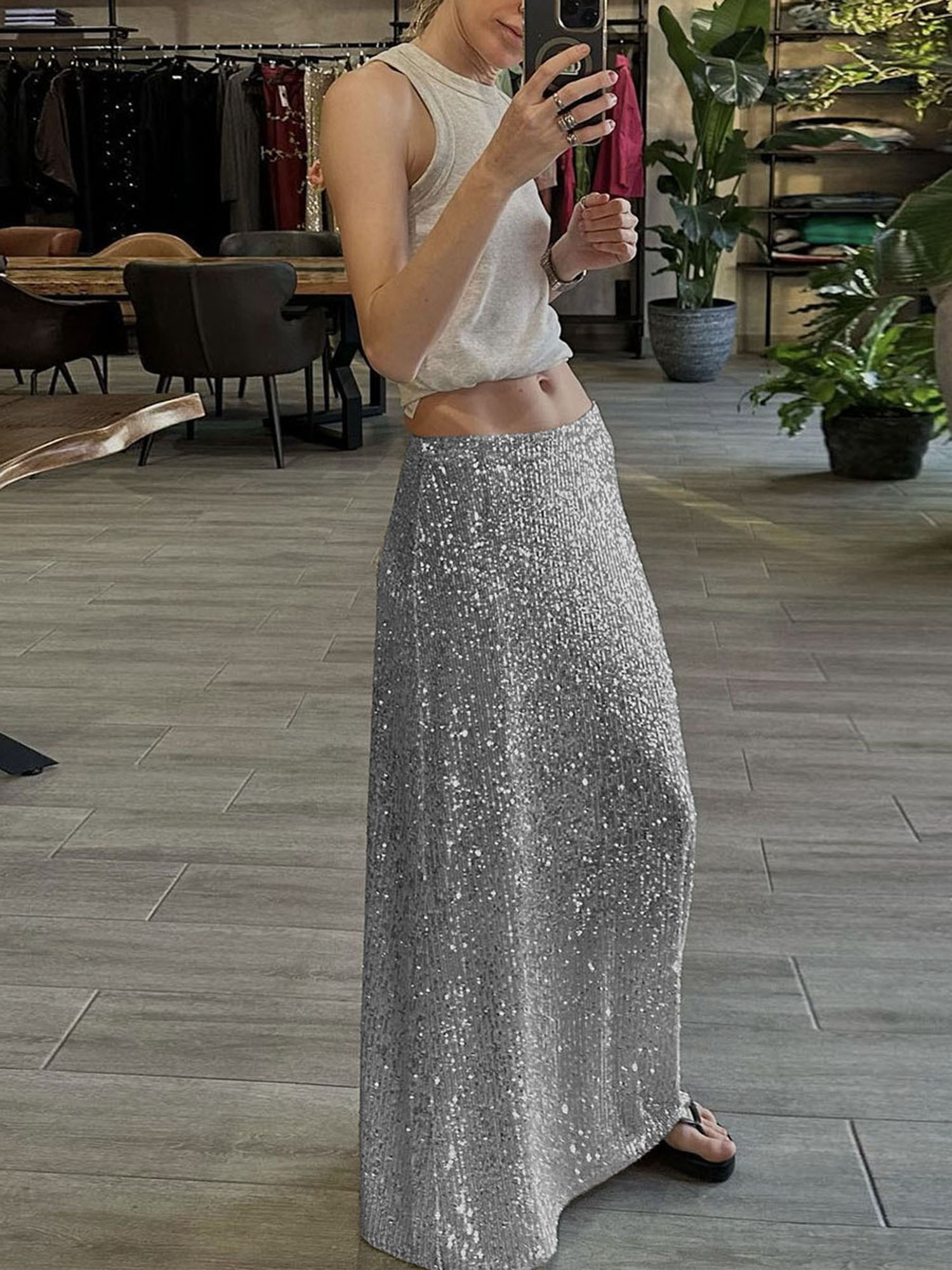 women's elegant golden sequin maxi skirt low waist, flowing