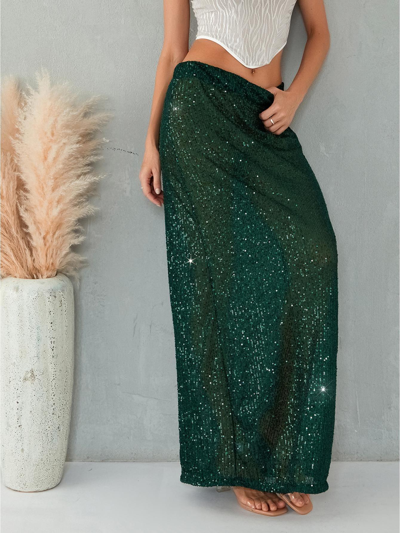 womens elegant golden sequin maxi skirt low waist shimmering Temu